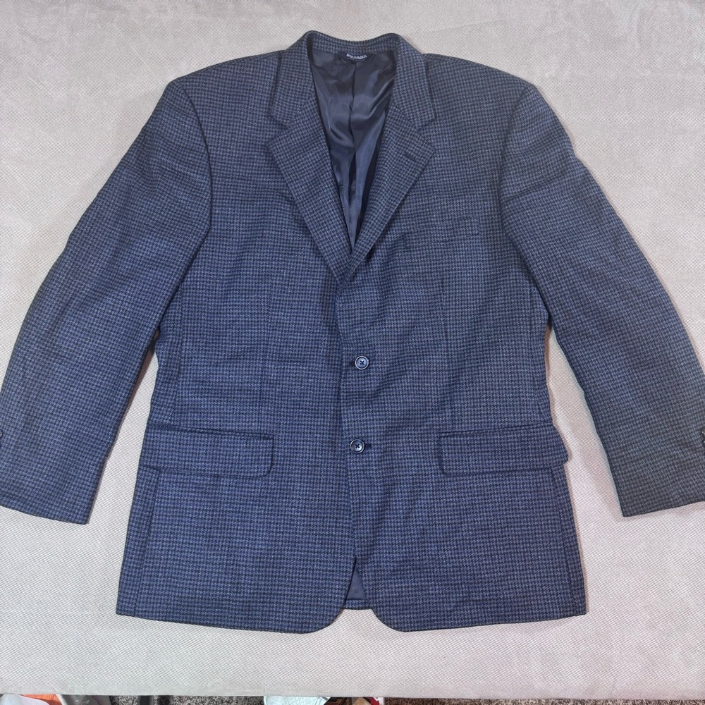 Botany 500 Mens 44 Reg Grey Blazer 100% Lambwool plaid navy and brown 2 Button